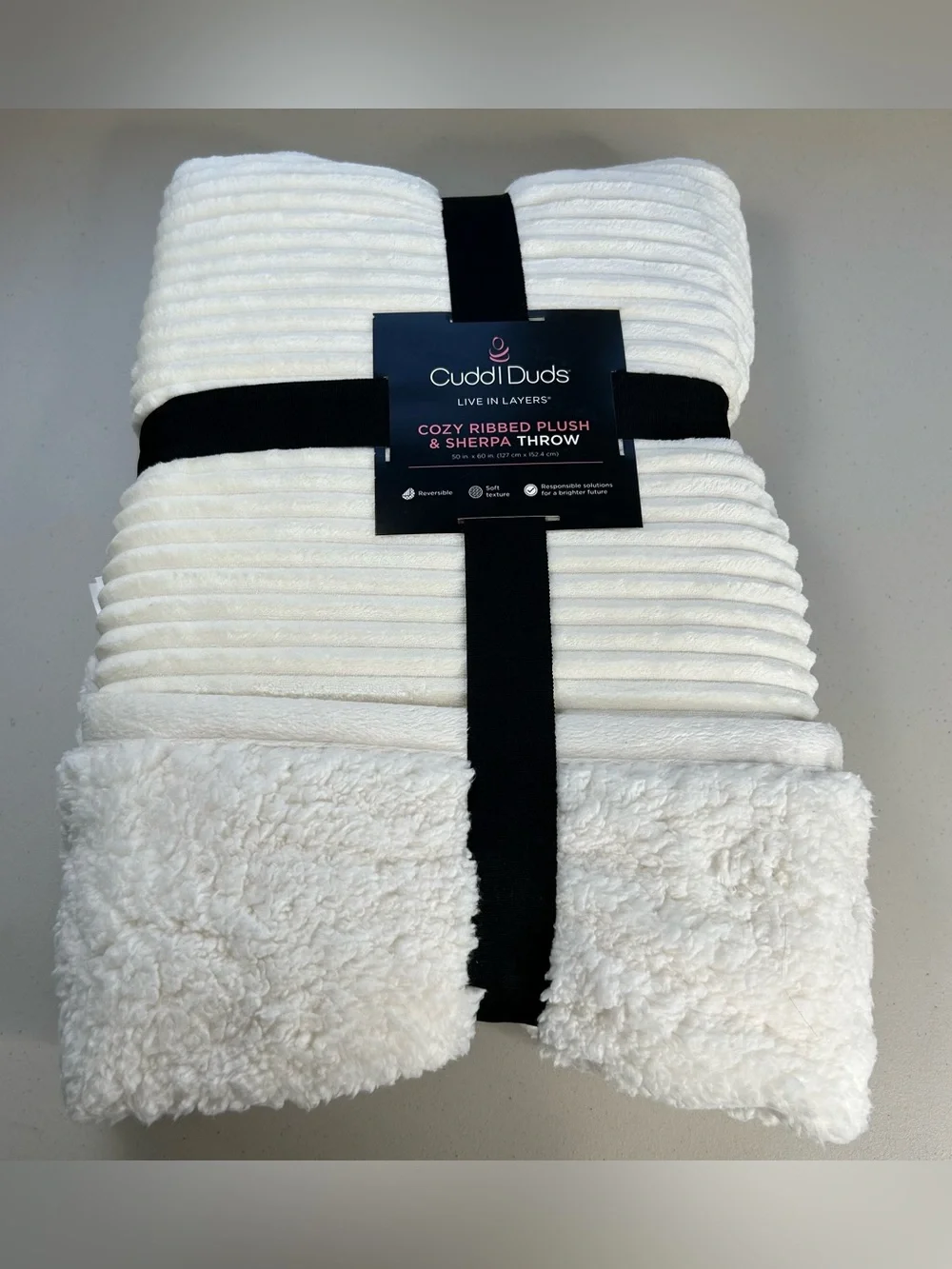 Cuddl Duds Cozy Ribbed Plush Sherpa Throw Blanket Reversible Ivory 50x60 New
